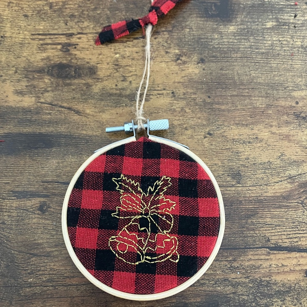 Hand Embroidered Christmas Bells Ornament Red Buffalo Plaid, Embroidery Hoop Art